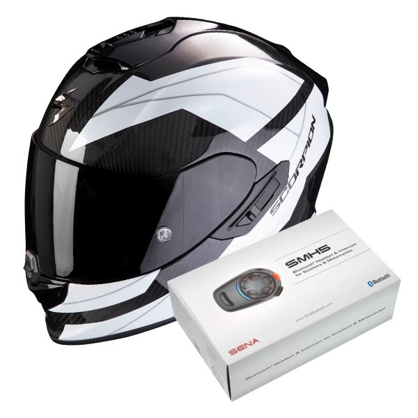 Pack Casco Moto Kit Bluetooth Scorpion Exo 1400 Air Carbon Legione White Kit Bluetooth SMH5 Solo iCasque